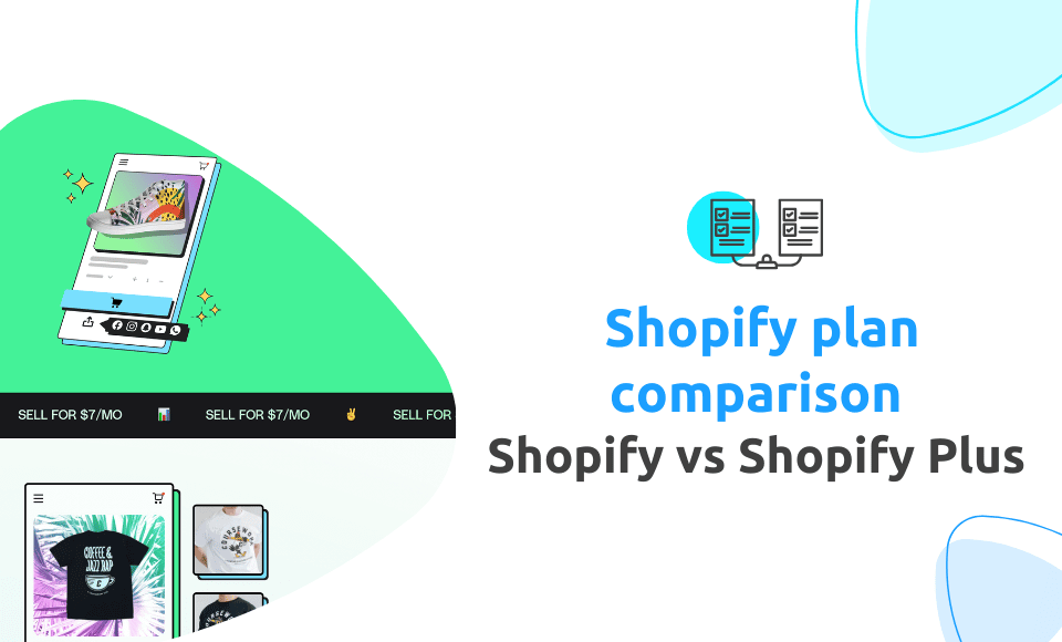 Visual banner showing Shopify plan comparison: Basic, Grow, Advanced, or Shopify Plus options