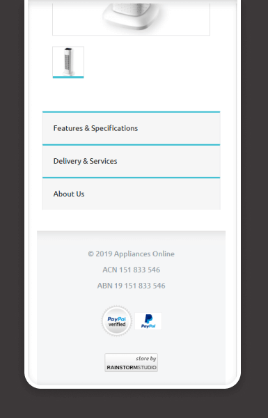Mobile-friendly tabbed layout for policy, shipping, and returns on Appliances Online eBay listing template