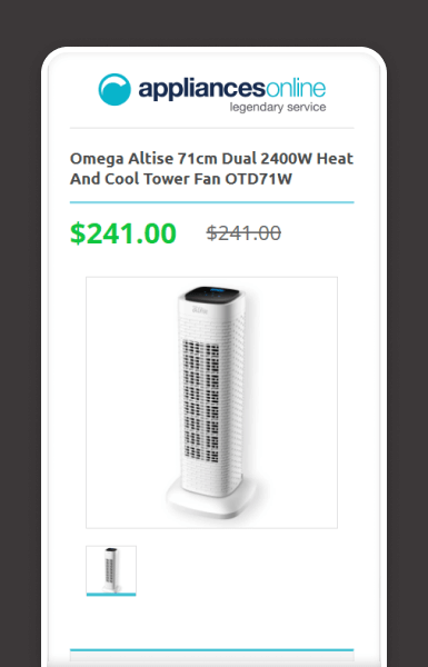 Mobile view of Appliances Online eBay template highlighting product details in a clean, easy-to-read design.