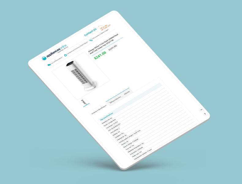 Tablet view of Appliances Online eBay listing template showing a clean, responsive product layout.