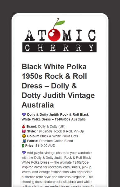 Mobile view of Atomic Cherry eBay listing showing retro-themed product gallery with easy navigation