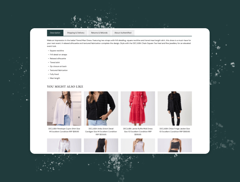 Tabbed layout on Authentified’s eBay listing presenting store policies, conditions, and related items in a trusted, organised format