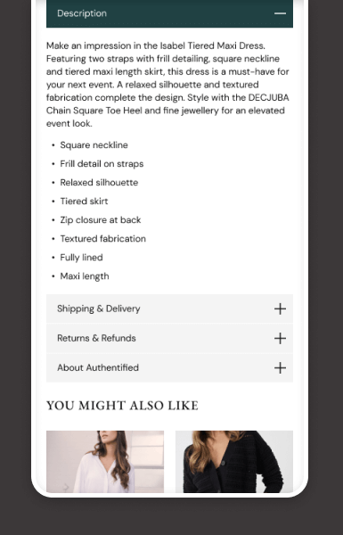Mobile view of Authentified eBay listing showing policy sections and related items tabs arranged clearly for trust and navigation