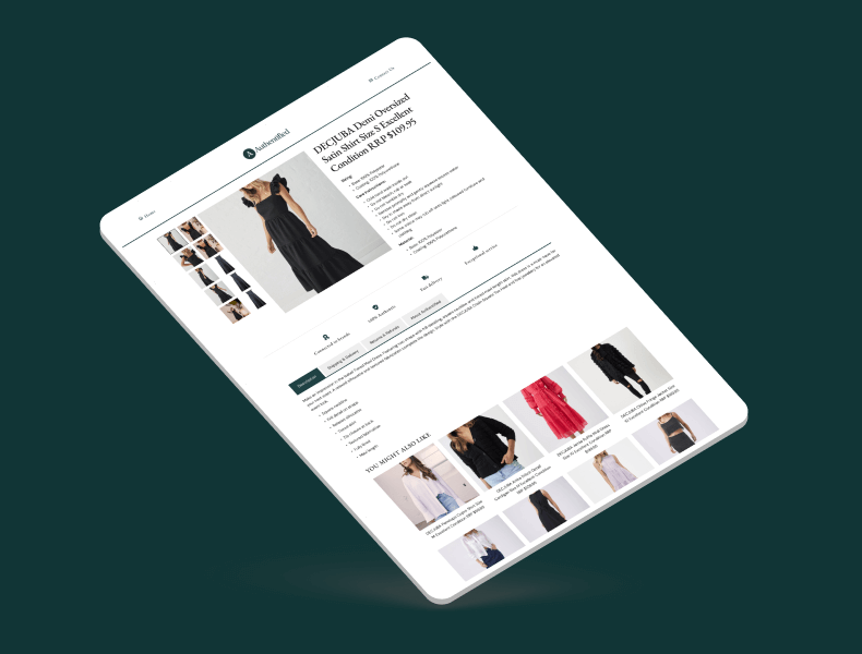 Tablet view of Authentified eBay listing showing clean, responsive layout and brand-consistent design