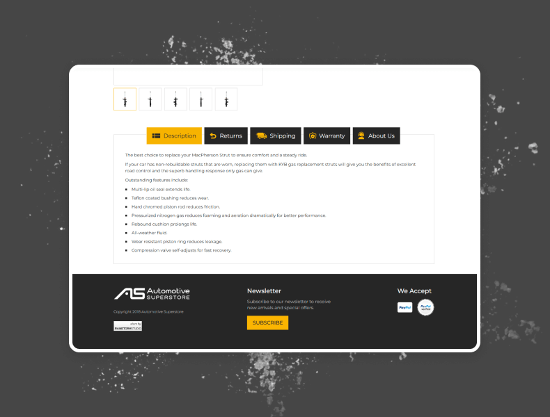 Tabbed policy section showing shipping, returns, and warranty details clearly