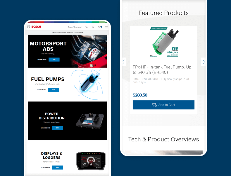Bosch Motorsport mobile views showcasing a fully responsive design optimised for speed and usability, delivering a seamless browsing experience for users on the go