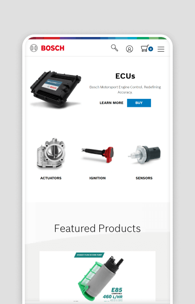 Bosch Motorsport website navigation demonstrating simplified menus, easy-to-access categories, and a refined structure that enables faster browsing and intuitive user journeys