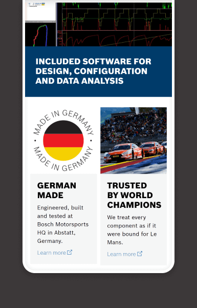 Bosch Motorsport landing pages with modular, content-rich layouts featuring video headers, intuitive menus, and structured information blocks to clearly present complex product details