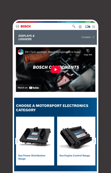 Bosch Motorsport landing pages with modular, content-rich layouts featuring video headers, intuitive menus, and structured information blocks to clearly present complex product details