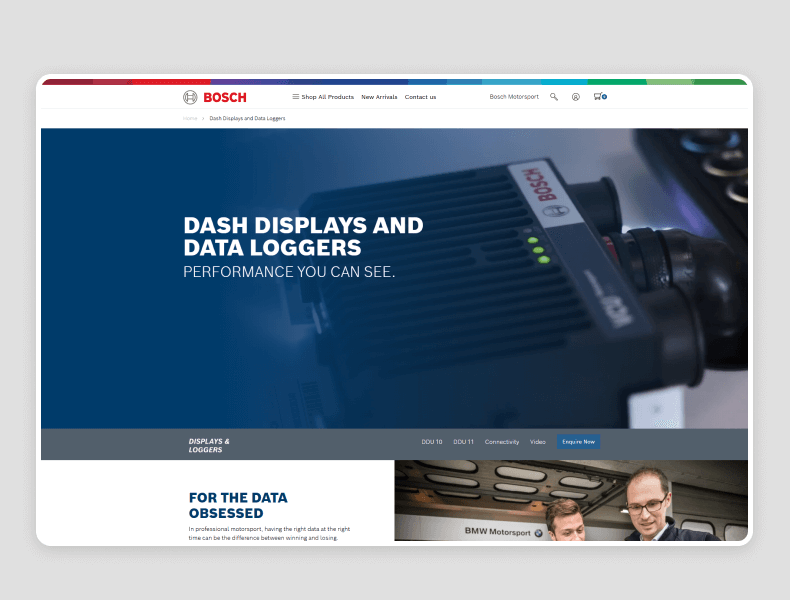 Bosch Motorsport landing pages with modular, content-rich layouts featuring video headers, intuitive menus, and structured information blocks to clearly present complex product details
