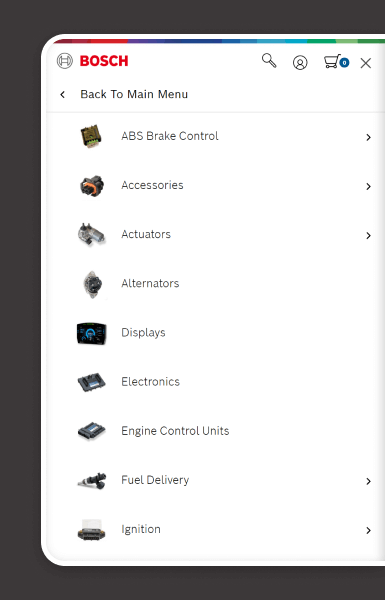 Bosch Motorsport website navigation demonstrating simplified menus, easy-to-access categories, and a refined structure that enables faster browsing and intuitive user journeys
