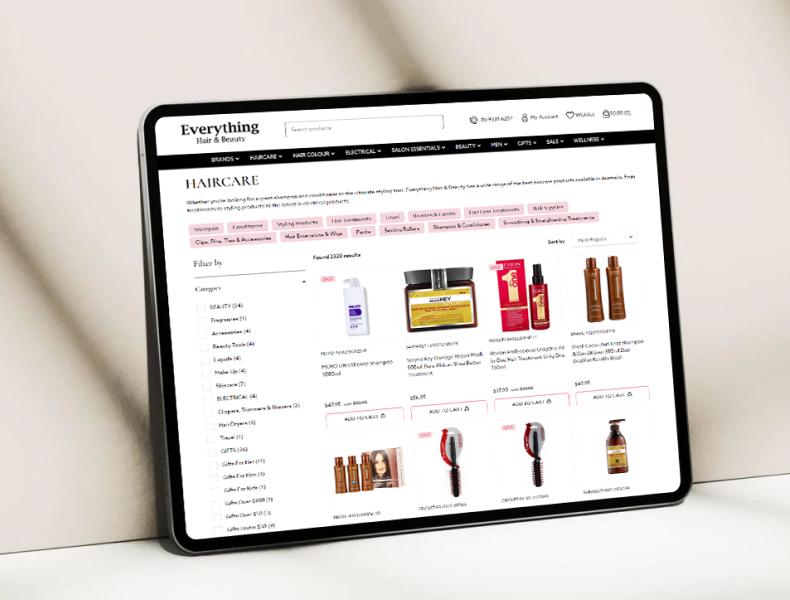 Category page on tablet view with sub-category links and filter navigation for easy navigation