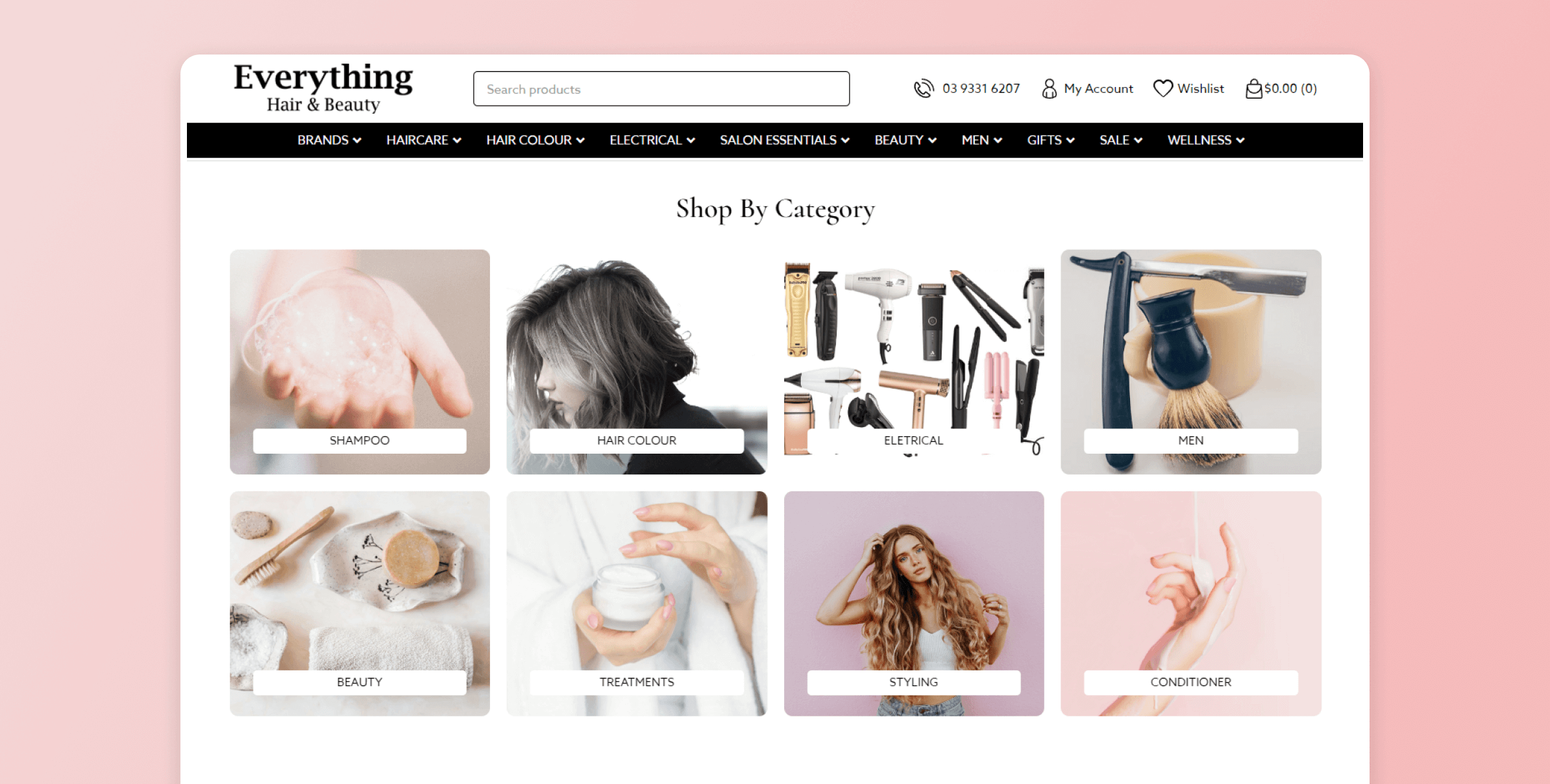 Shop by Category section on the home page, displaying key beauty product categories for easy exploration