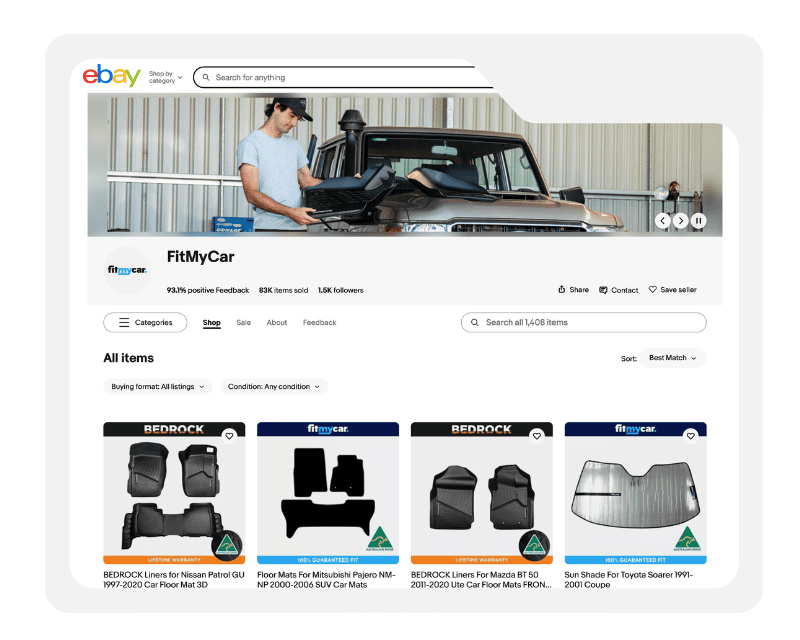 Premium eBay listing design for FitMyCar featuring a minimalist layout, organised information structure, and responsive mobile view
