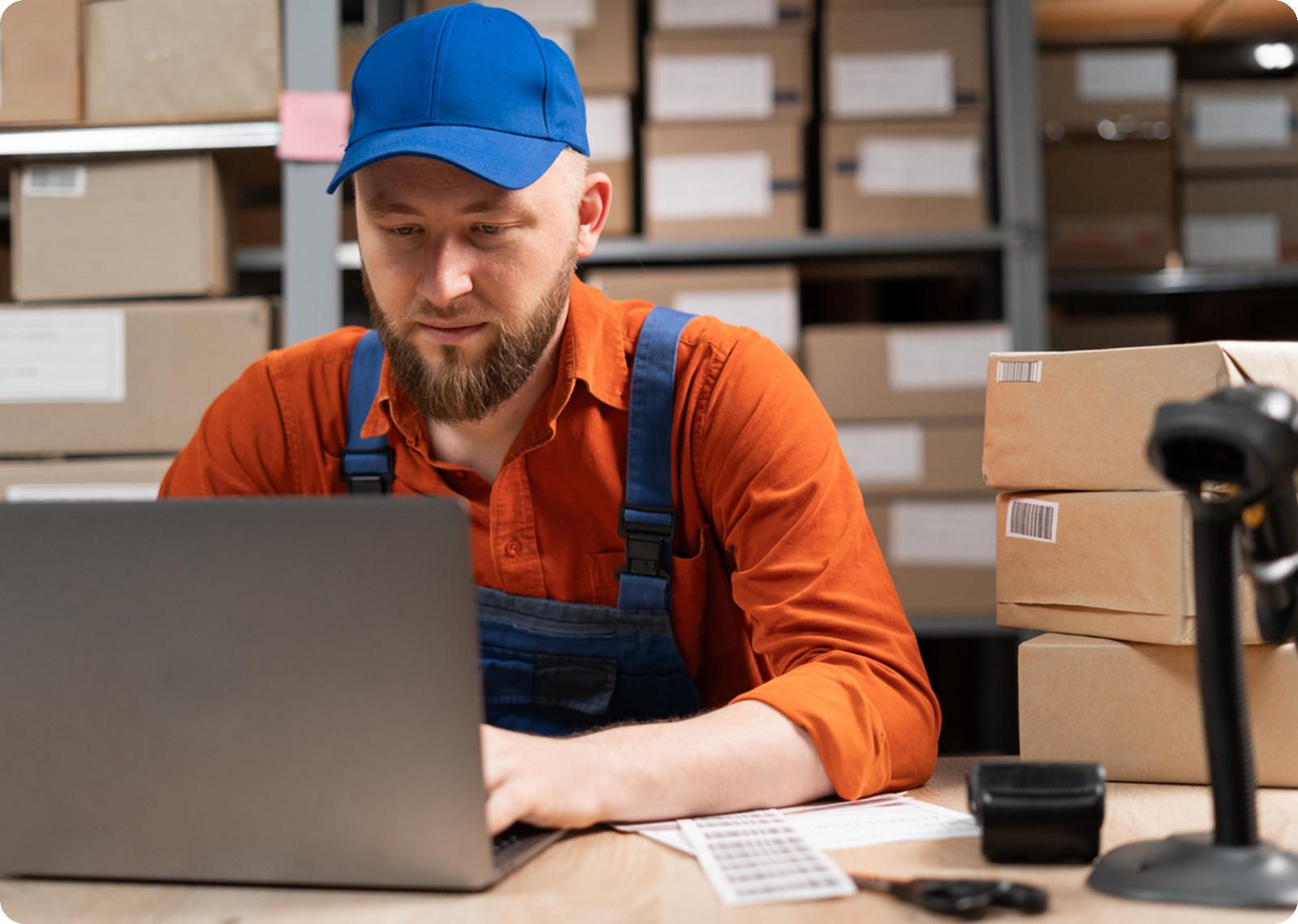 Worried business owner looking at a laptop, frustrated by an outdated, non-responsive, and unprofessional eBay store