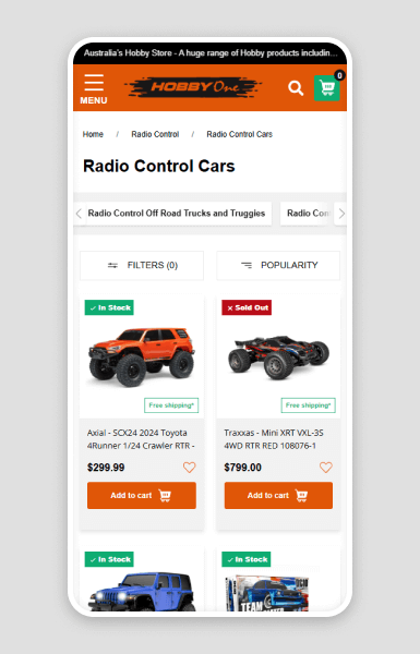 Hobby One category page on mobile view showing a smooth, easy-to-navigate interface optimised for mobile devices