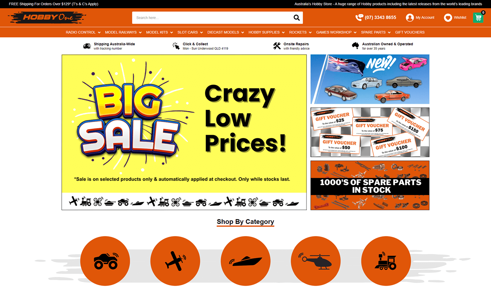 Hobby One homepage above the fold showing a strong brand presence with a bold, visually engaging layout that elevates their branding and showcases a wide product range.