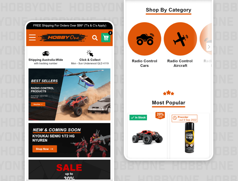 Hobby One homepage on mobile view highlighting a mobile-friendly layout that ensures seamless browsing for hobbyists on the go