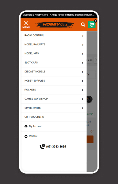 Hobby One mobile menu demonstrating intuitive navigation for quick access to hobby categories, brands, and collections