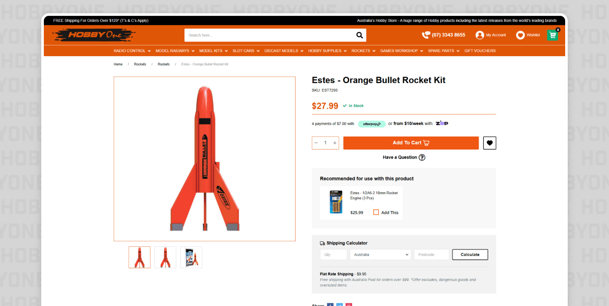 Hobby One product detail page on desktop featuring a well-organised, structured layout that makes product information clear and easy to browse