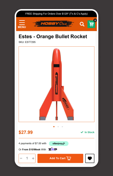 Hobby One product detail page on mobile showing a clean, easy-to-read layout that enhances usability and shopping convenience on smaller screens