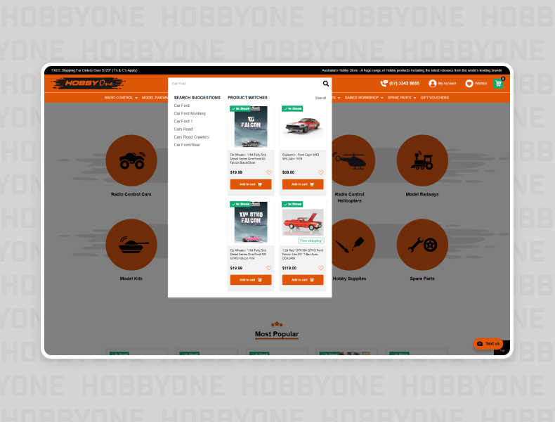 Hobby One website search box displaying instant product suggestions for faster and more accurate search results