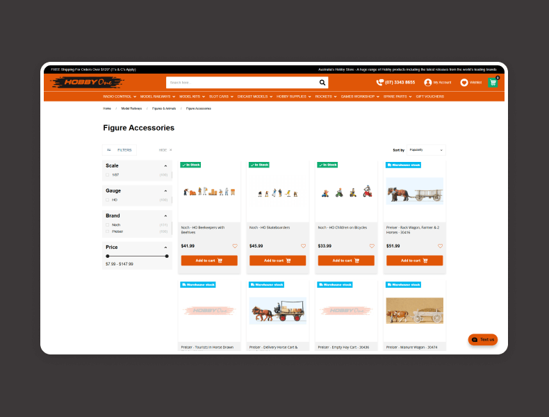 Hobby One website search results page demonstrating improved search accuracy and filtering, helping customers find what they need quickly