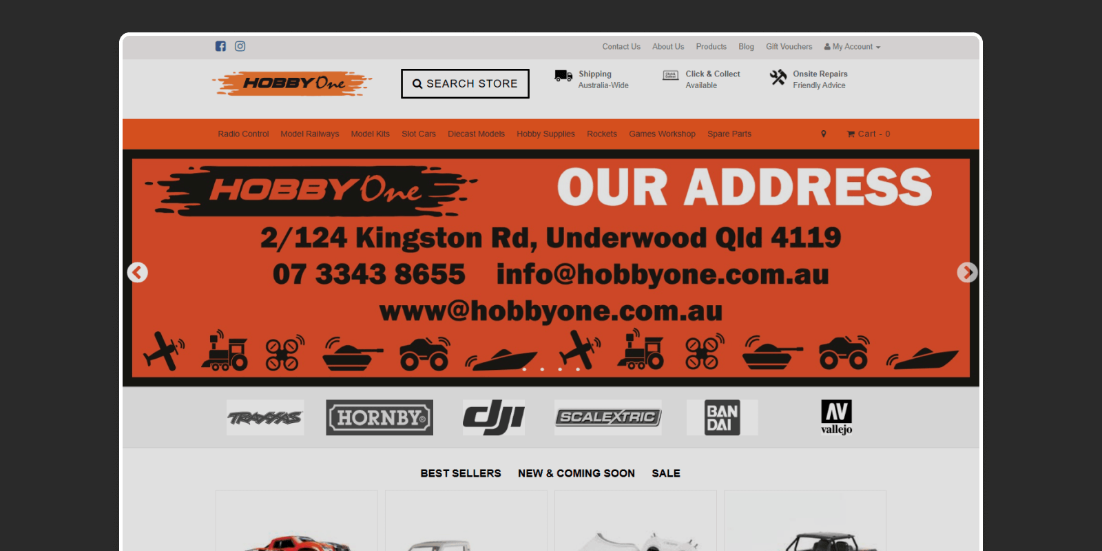 Hobby One’s old website before redesign showing a dated layout, slow load speed, weak search functionality, and limited product visibility