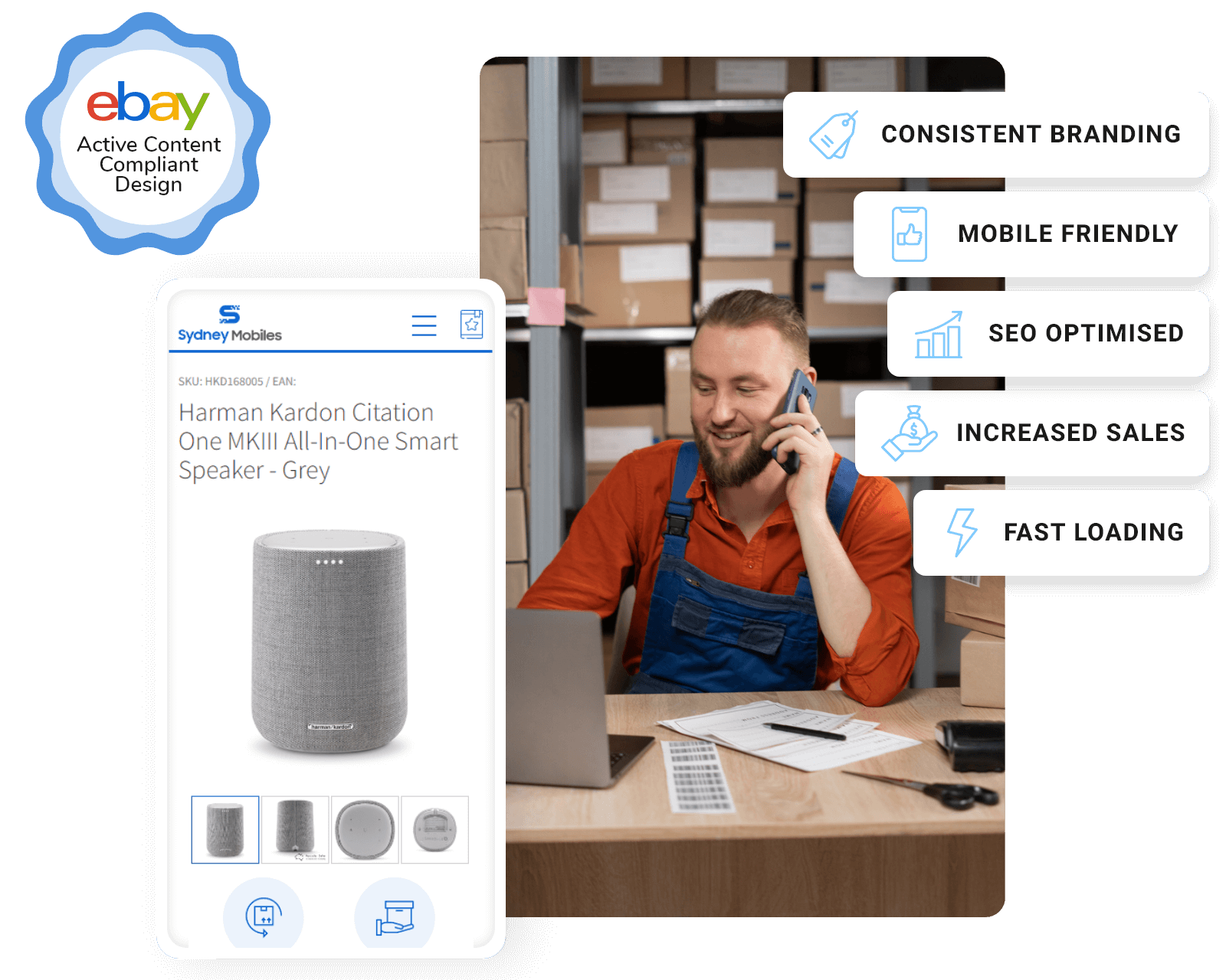 Happy business owner on the phone, celebrating success from using a high-performing, mobile-friendly eBay listing template