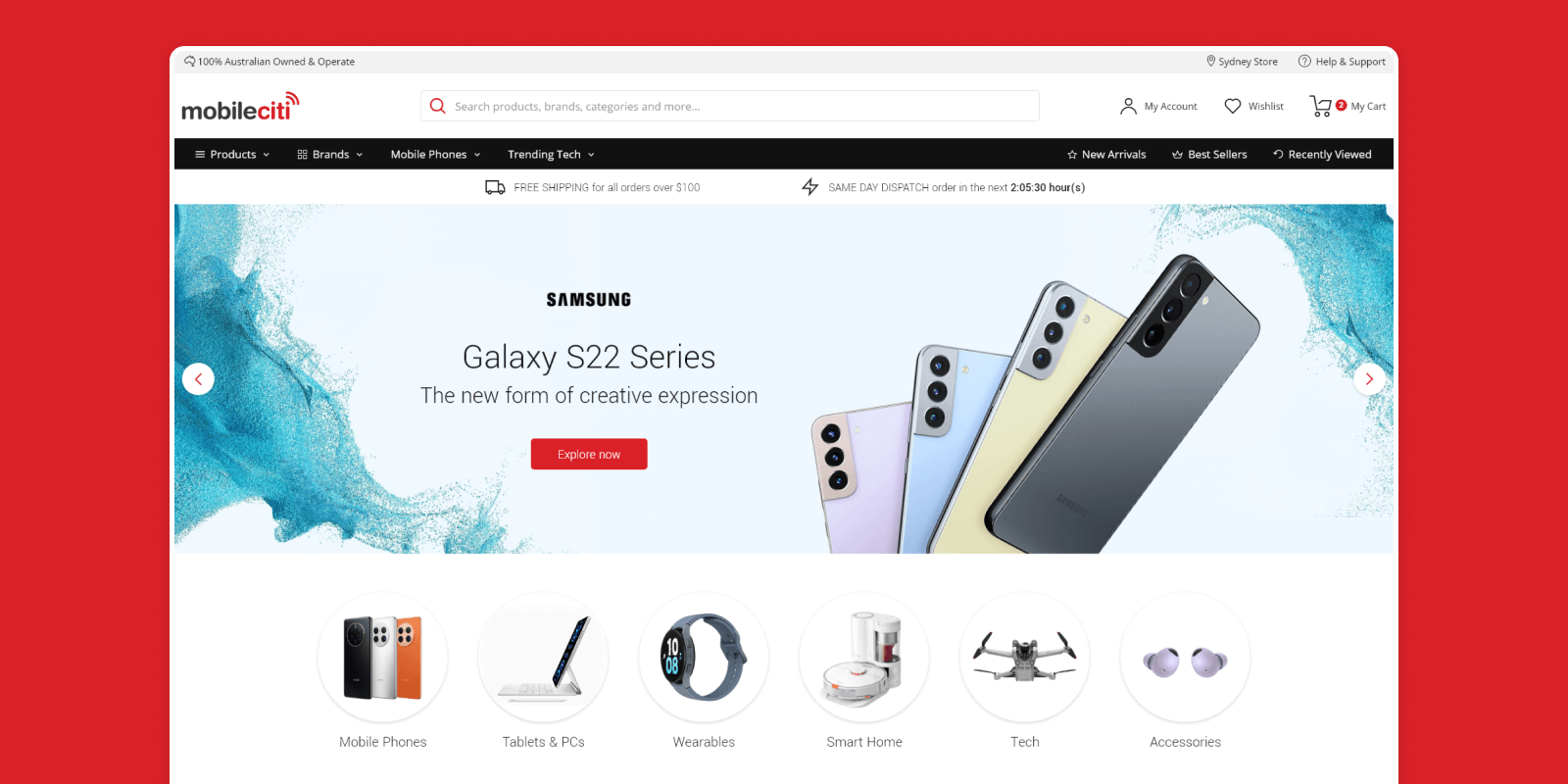 Mobileciti’s redesigned eCommerce homepage featuring a reliable, high-performing platform with faster load times, one-page checkout, and an improved customer experience.