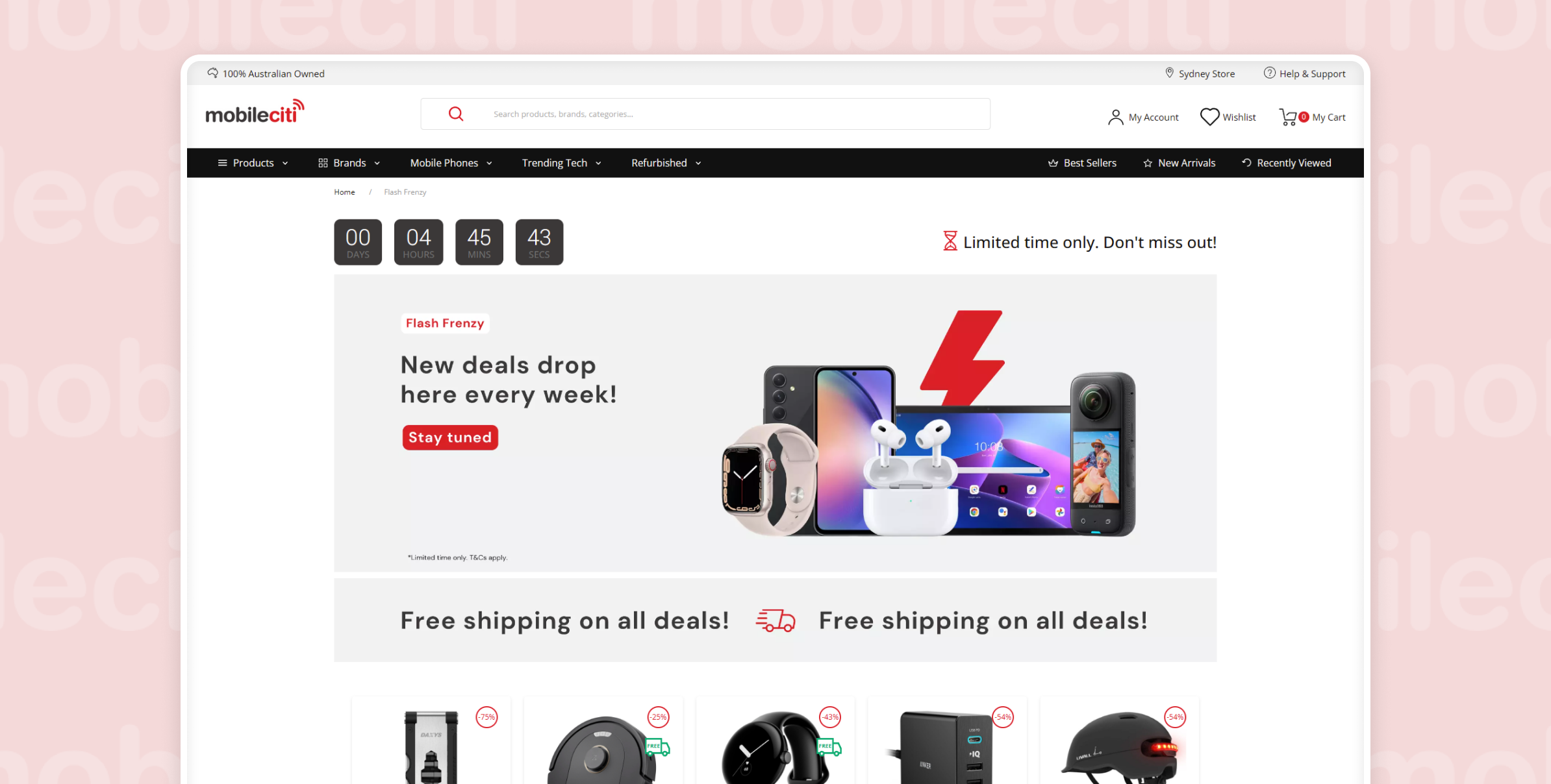 Mobileciti Flash Frenzy landing page and one-page checkout showcasing a simplified shopping experience with faster transactions and multiple payment options