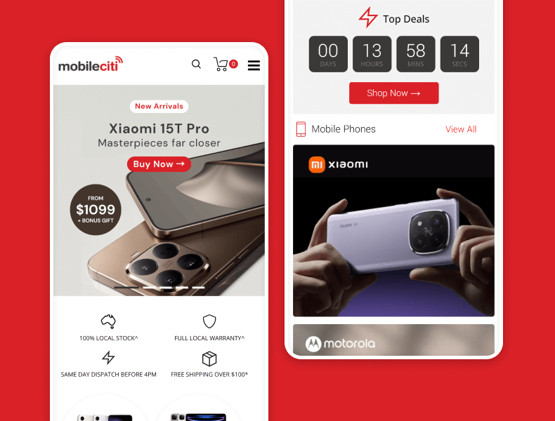 Mobileciti mobile and tablet views demonstrating a fully mobile-optimised design that delivers a smooth shopping experience and boosts conversions across devices