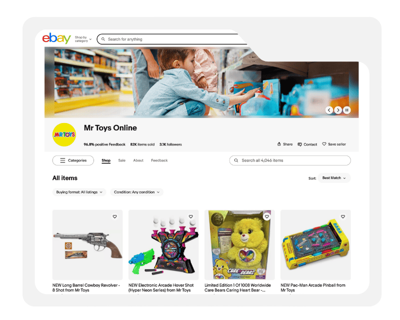 eBay listing design for Mr Toys featuring a premium, fun layout with clear product presentation and mobile-optimised navigation