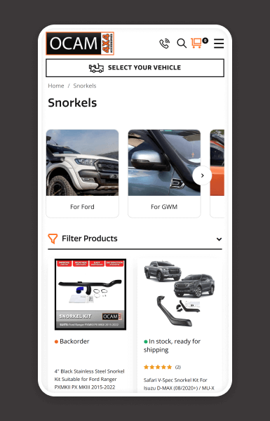 Ocam Neto store mobile views demonstrating a responsive, mobile-friendly experience with smooth browsing and checkout across all devices