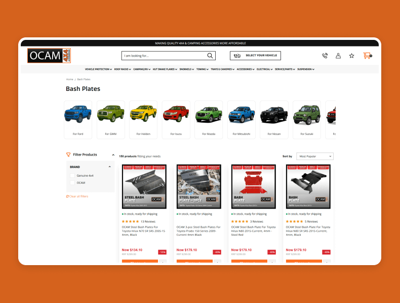 Ocam website demonstrating easy-to-navigate design with simplified menus, clear product categories, and a built-in part finder that helps customers find the right 4x4 products effortlessly
