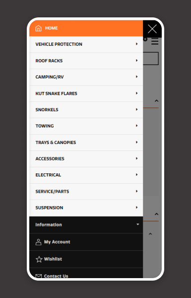 Ocam website demonstrating easy-to-navigate design with simplified menus, clear product categories, and a built-in part finder that helps customers find the right 4x4 products effortlessly
