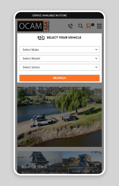 Ocam website demonstrating easy-to-navigate design with simplified menus, clear product categories, and a built-in part finder that helps customers find the right 4x4 products effortlessly