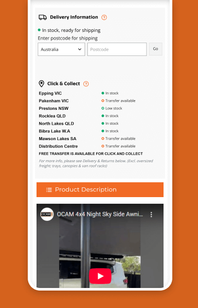 Ocam product detail pages showing clear layouts and instant multi-warehouse stock visibility across desktop and mobile, helping customers buy with confidence