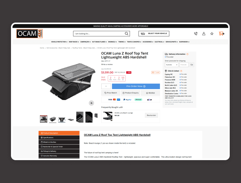 Ocam product detail pages showing clear layouts and instant multi-warehouse stock visibility across desktop and mobile, helping customers buy with confidence