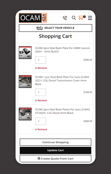 Ocam Neto store mobile views demonstrating a responsive, mobile-friendly experience with smooth browsing and checkout across all devices
