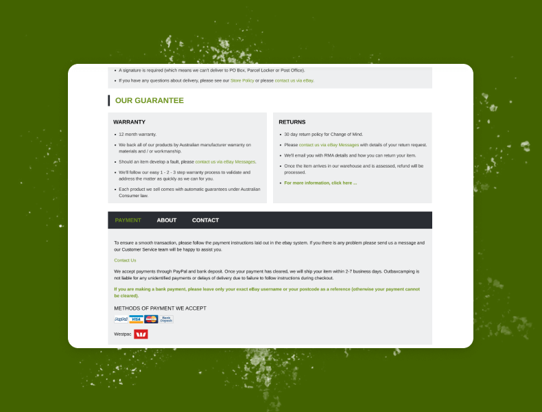 Tabbed policy, shipping, and returns sections presented clearly and consistently
