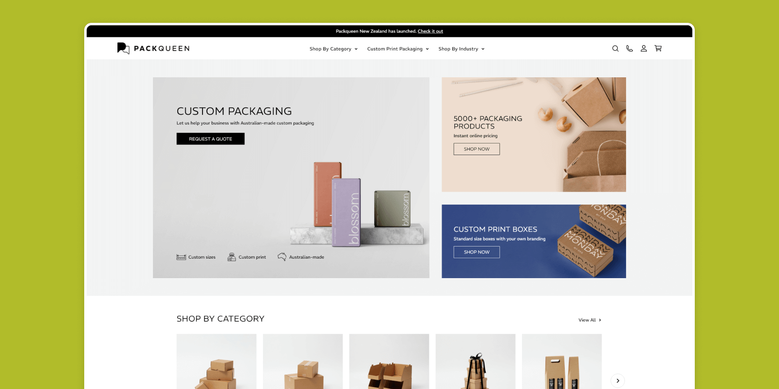PackQueen’s redesigned Shopify homepage with modern branding, improved speed, and advanced eCommerce features for a smoother shopping experience