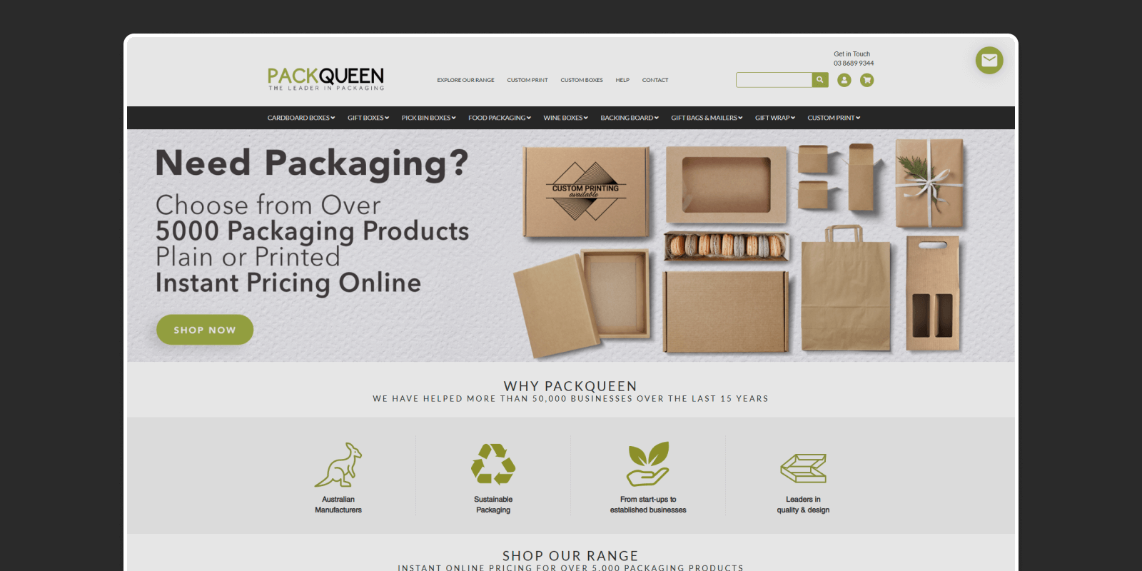 PackQueen’s old website before redesign showing outdated design and platform limitations that restricted flexibility and performance