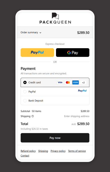 PackQueen Shopify checkout process showing a quick, simplified experience from sliding cart to mobile checkout, reducing drop-offs and improving conversions