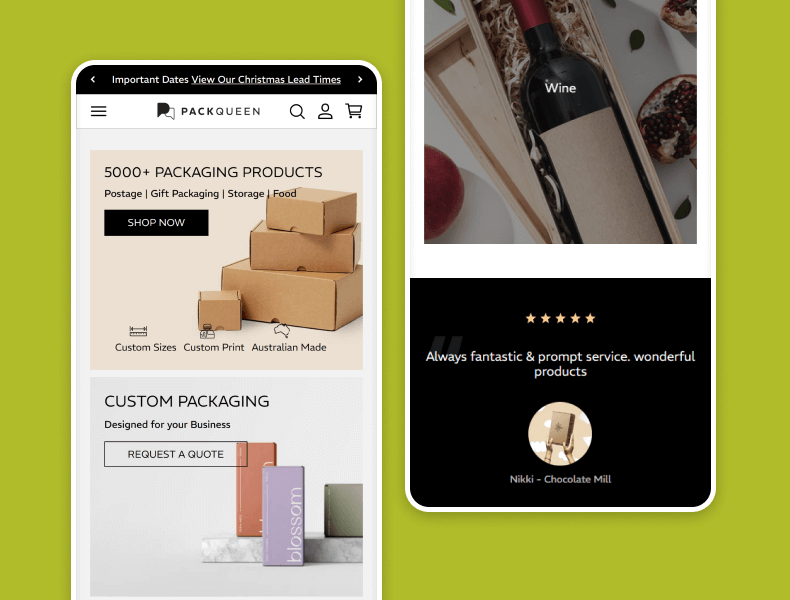 PackQueen Shopify Home page above and below the fold on mobile view demonstrating mobile-first performance that prioritises speed, usability, and seamless shopping across all devices