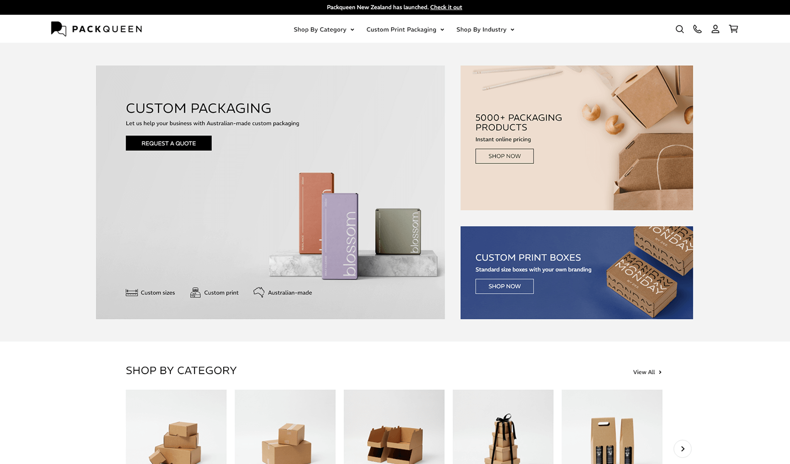 Refreshed PackQueen Shopify homepage featuring a polished, professional design that enhances brand presentation and user engagement