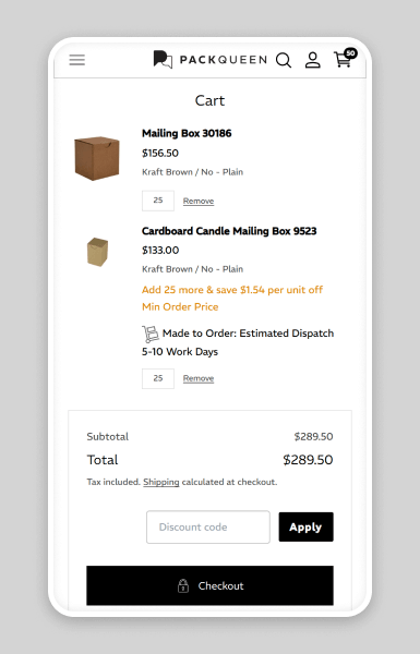 PackQueen Shopify checkout process showing a quick, simplified experience from sliding cart to mobile checkout, reducing drop-offs and improving conversions