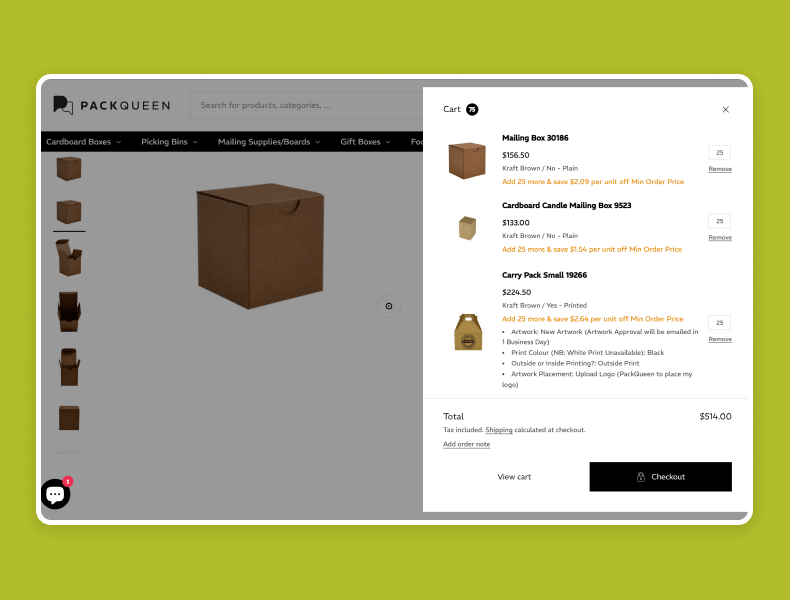 PackQueen Shopify checkout process showing a quick, simplified experience from sliding cart to mobile checkout, reducing drop-offs and improving conversions