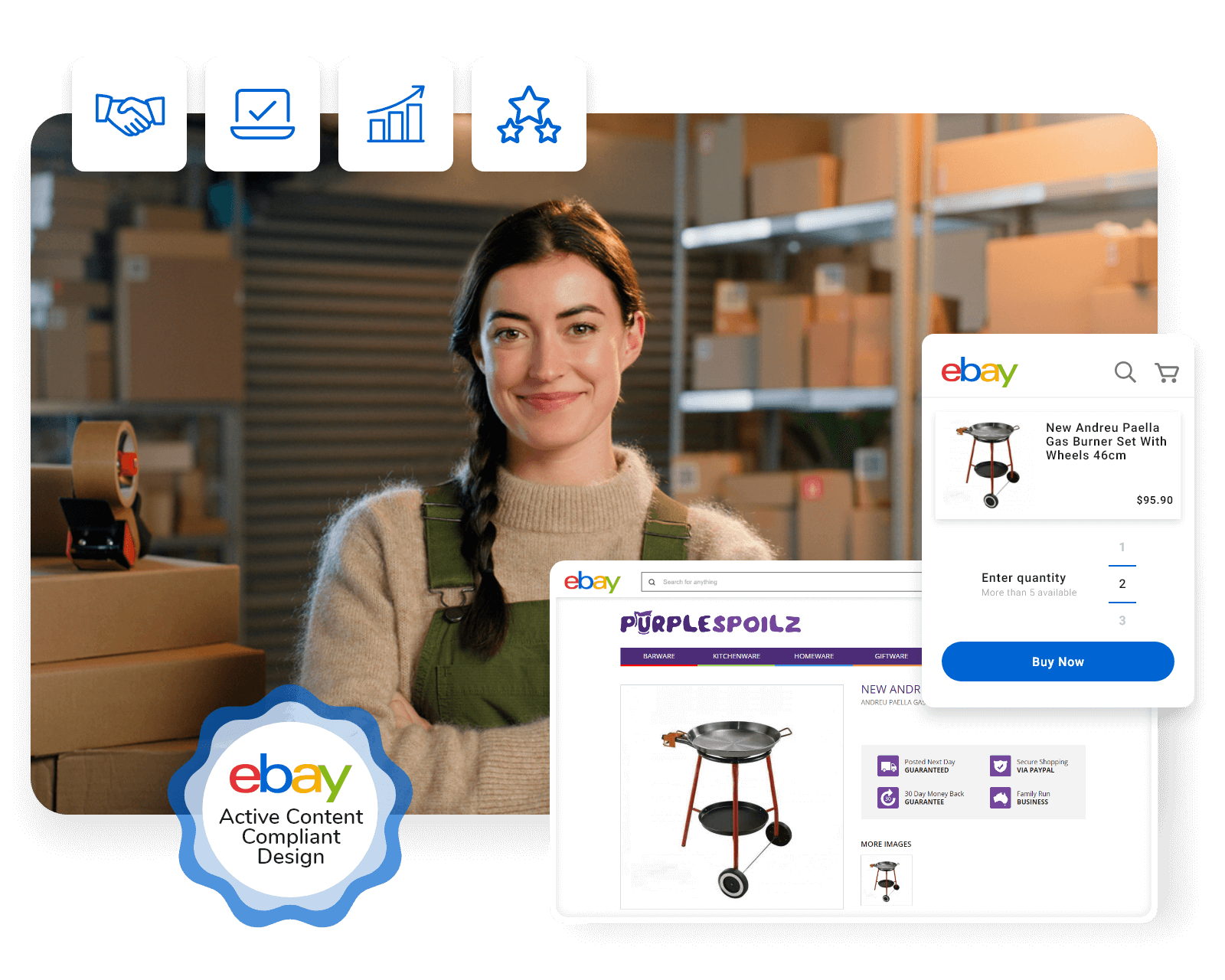 A smiling business owner confidently using a sleek, mobile-friendly eBay listing template that meets Active Content standards and seeing real results in their eBay sales