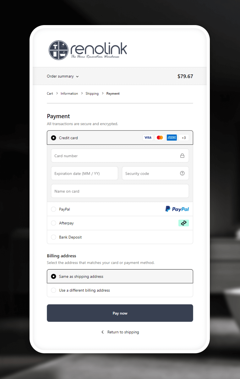 Mobile screenshot of Renolink Shopify checkout page, demonstrating responsive layouts for effortless transactions